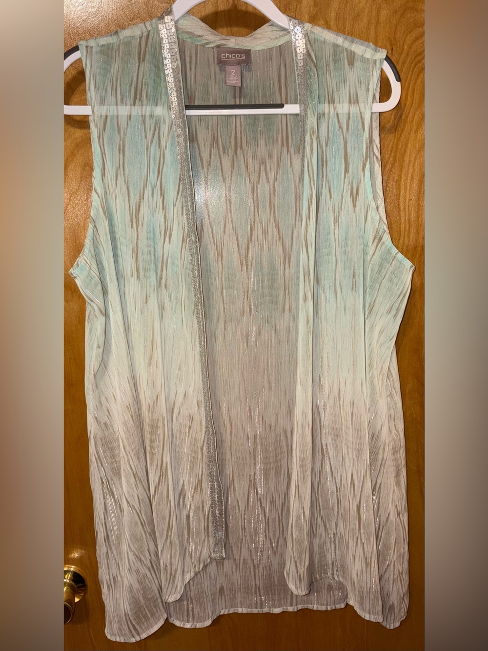 Chico’s mint/beige shimmer print sheer chiffon open vest Size 2 sequin trim